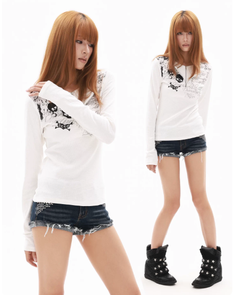 DETWONLINE™"Heart‑Skull"Fitted Long‑Sleeve Tee