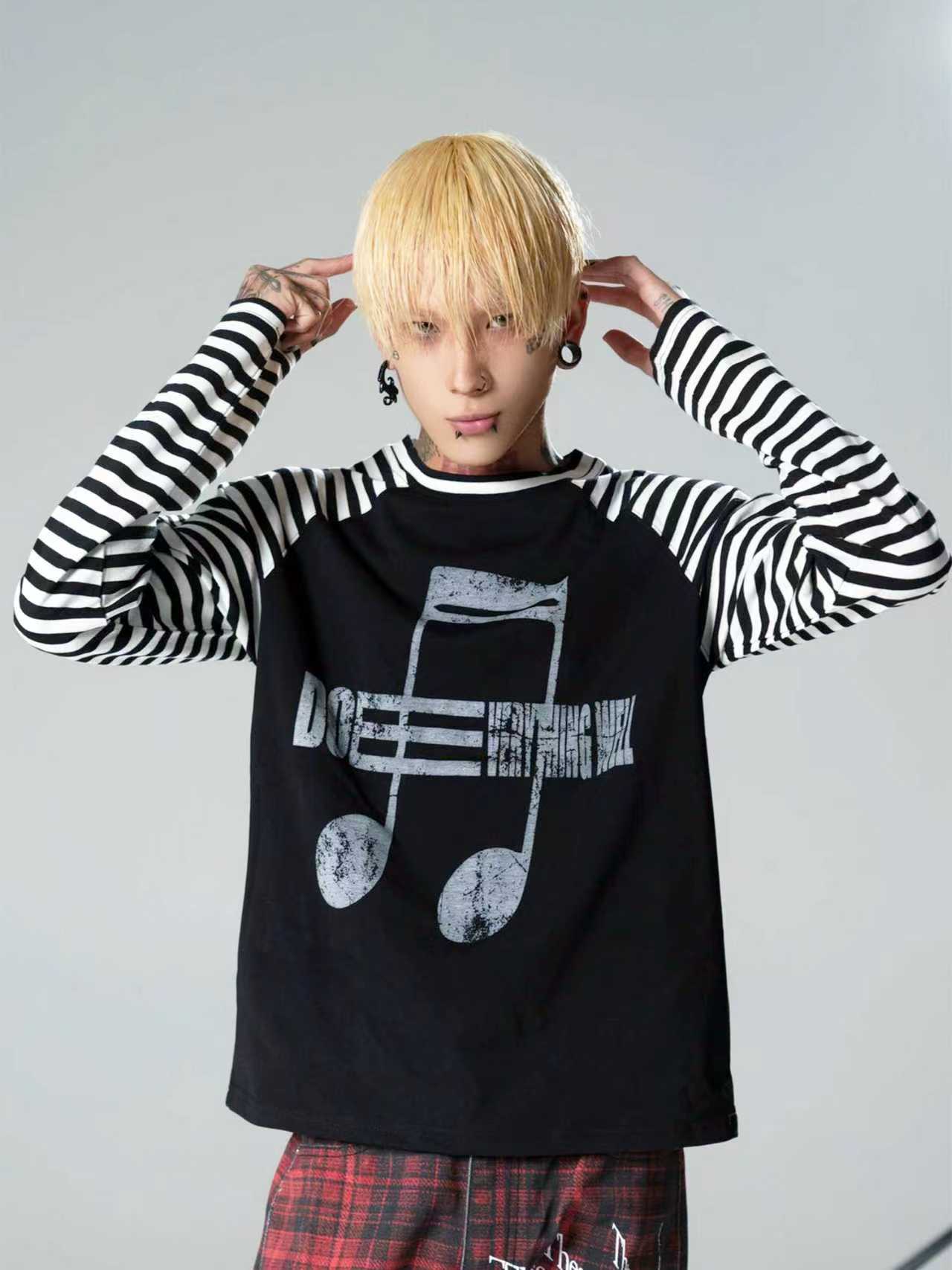 Music Note Striped Raglan-Sleeve Top