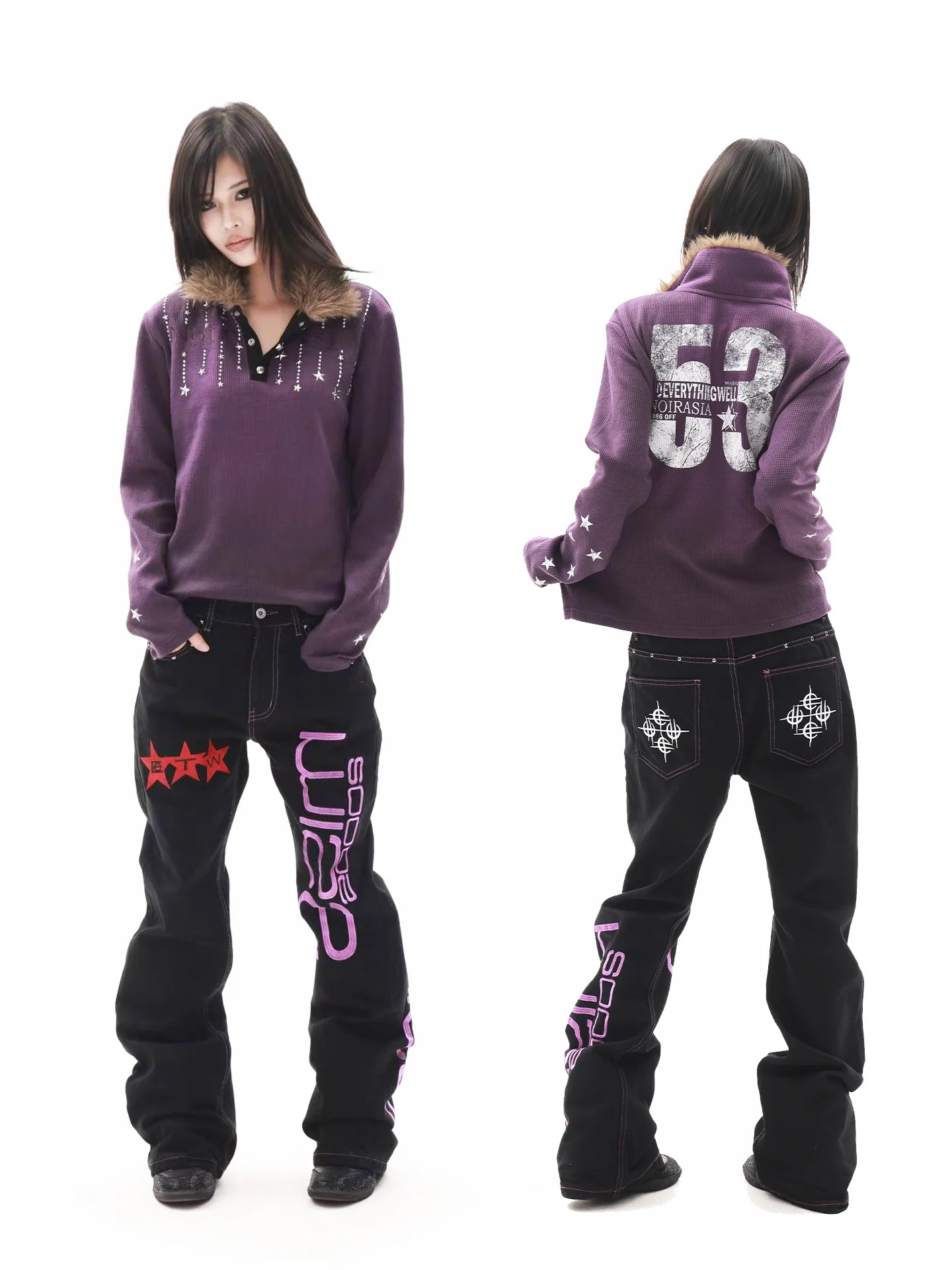 DETWONLINE™"Washed‑Dip‑Dyed Purple"Long‑Sleeve Polo Shirt