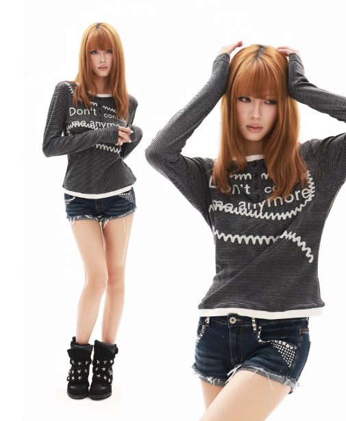 DETWONLINE™Black‑and‑White Stripes‑Women’s / Creative Slogan Long‑Sleeve Top