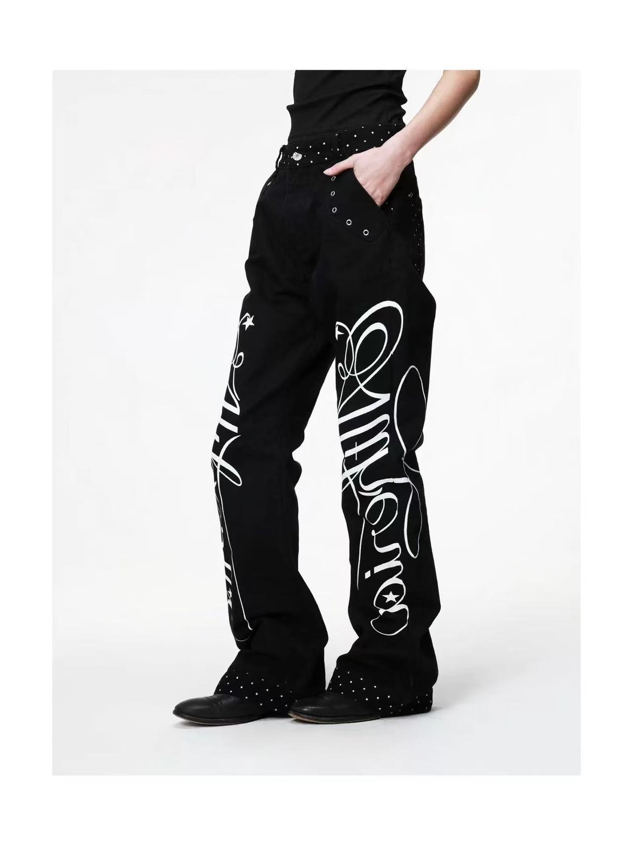 DETWONLINE™Y2K Punk Rhinestone Polka Dot Graffiti Wide Leg Jeans