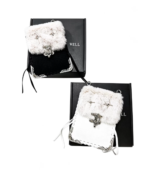 DETWONLINE™ Furry Spliced Leather Hang Bag with Metal Decor, Hand Woven Keychain Pouch, Multi-style Wear Bag