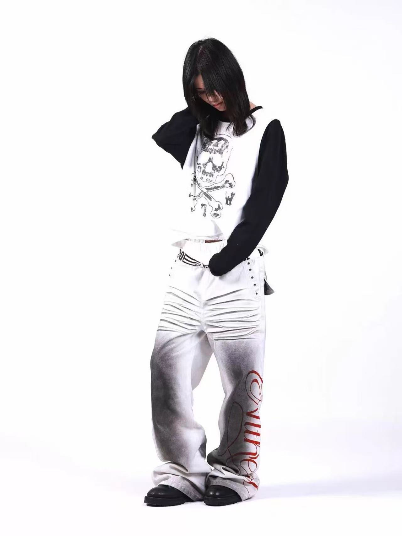 DETWONLINE™Ruins White Ink Double Waist Jeans