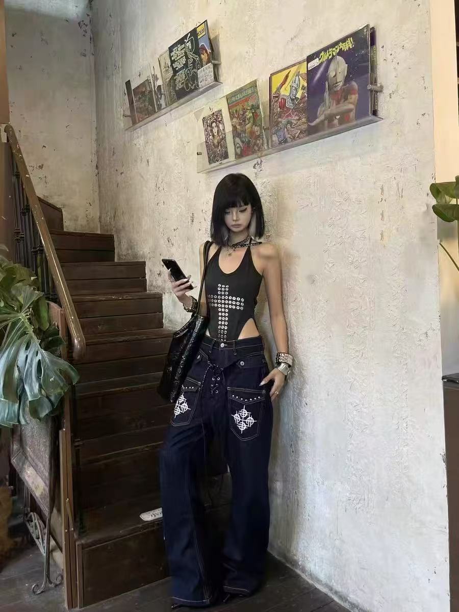 DETWONLINE Double - Waistband Drawstring Jeans