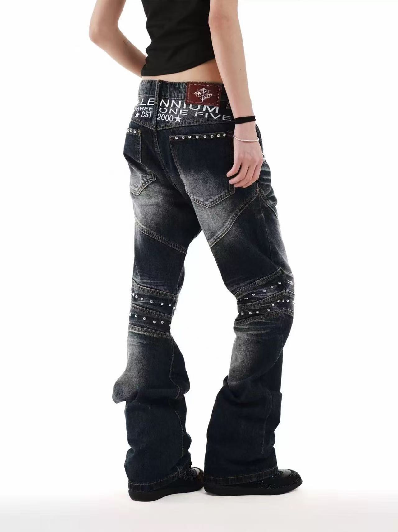 DETWONLINE™Biker Punk Rivet Vintage Washed Flared Jeans