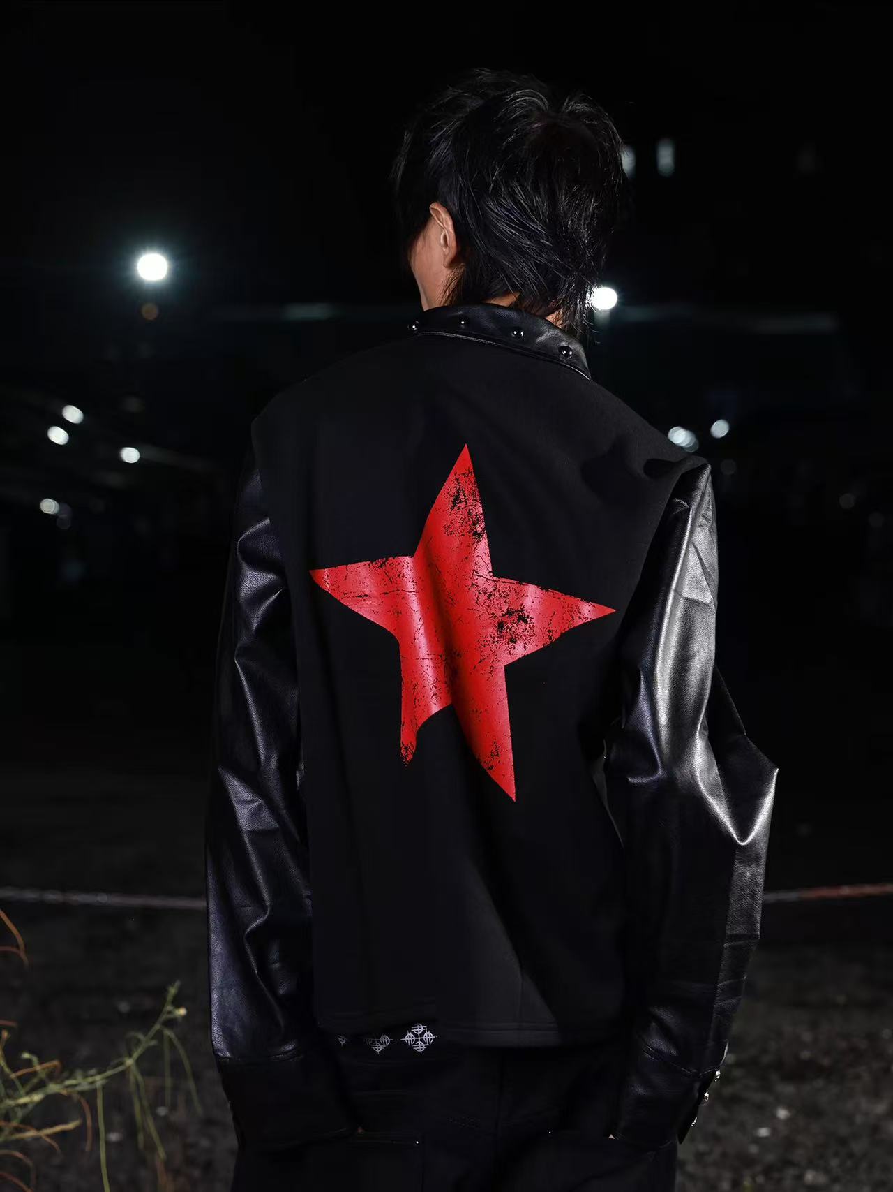 DETWONLINE™Y2K Punk Red Star Badge Leather Sleeve Oversized Polo Shirt