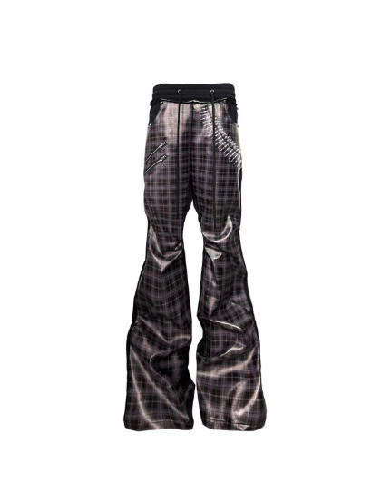 DETWONLINE™Single Pocket Plaid Faux Leather Spliced Street Wrinkle Micro Flare Casual Pants, Unisex