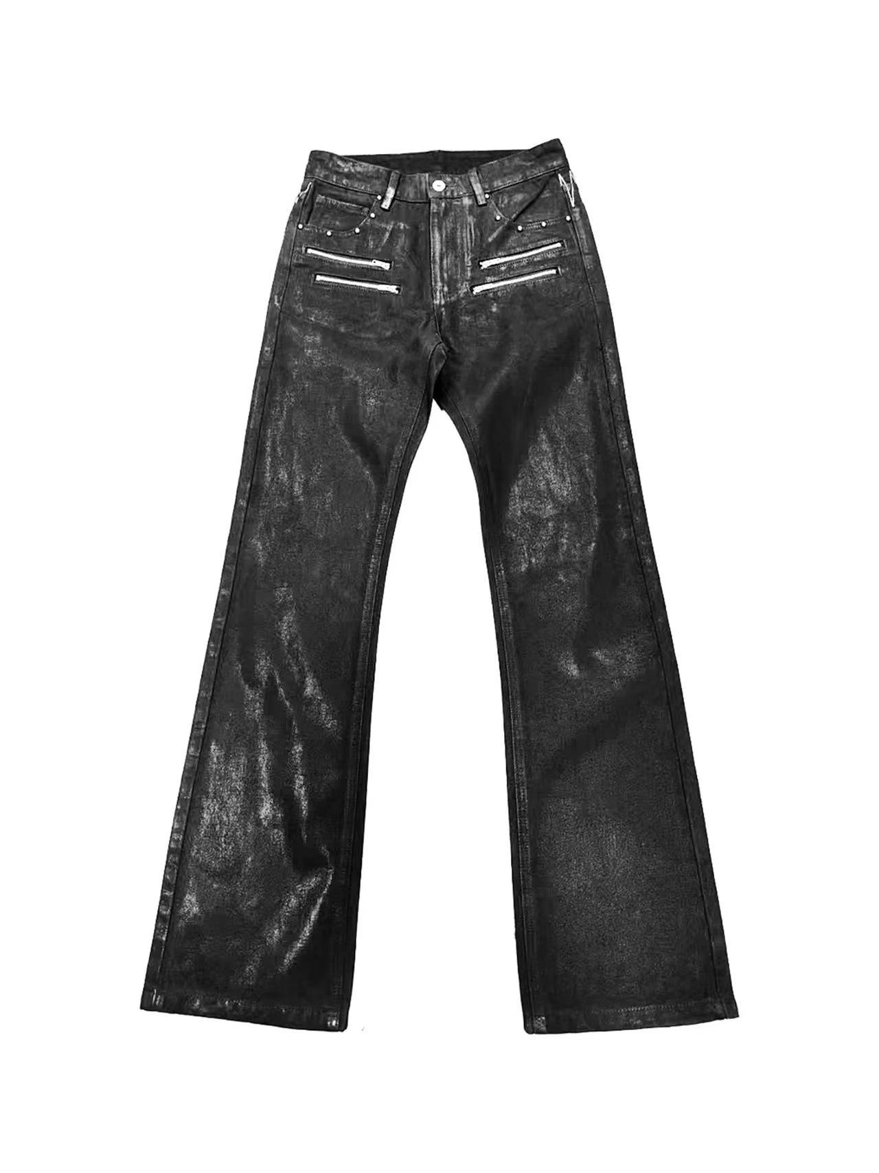 DETWONLINE™Dark Punk Distressed Wax Coated Cross Embroidery Flared Denim Pants