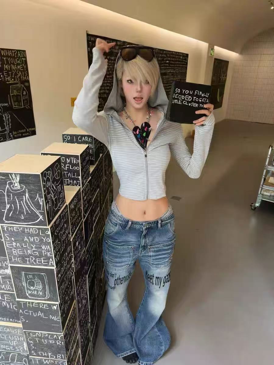 DETWONLINE Slogan Washed Blue Jeans