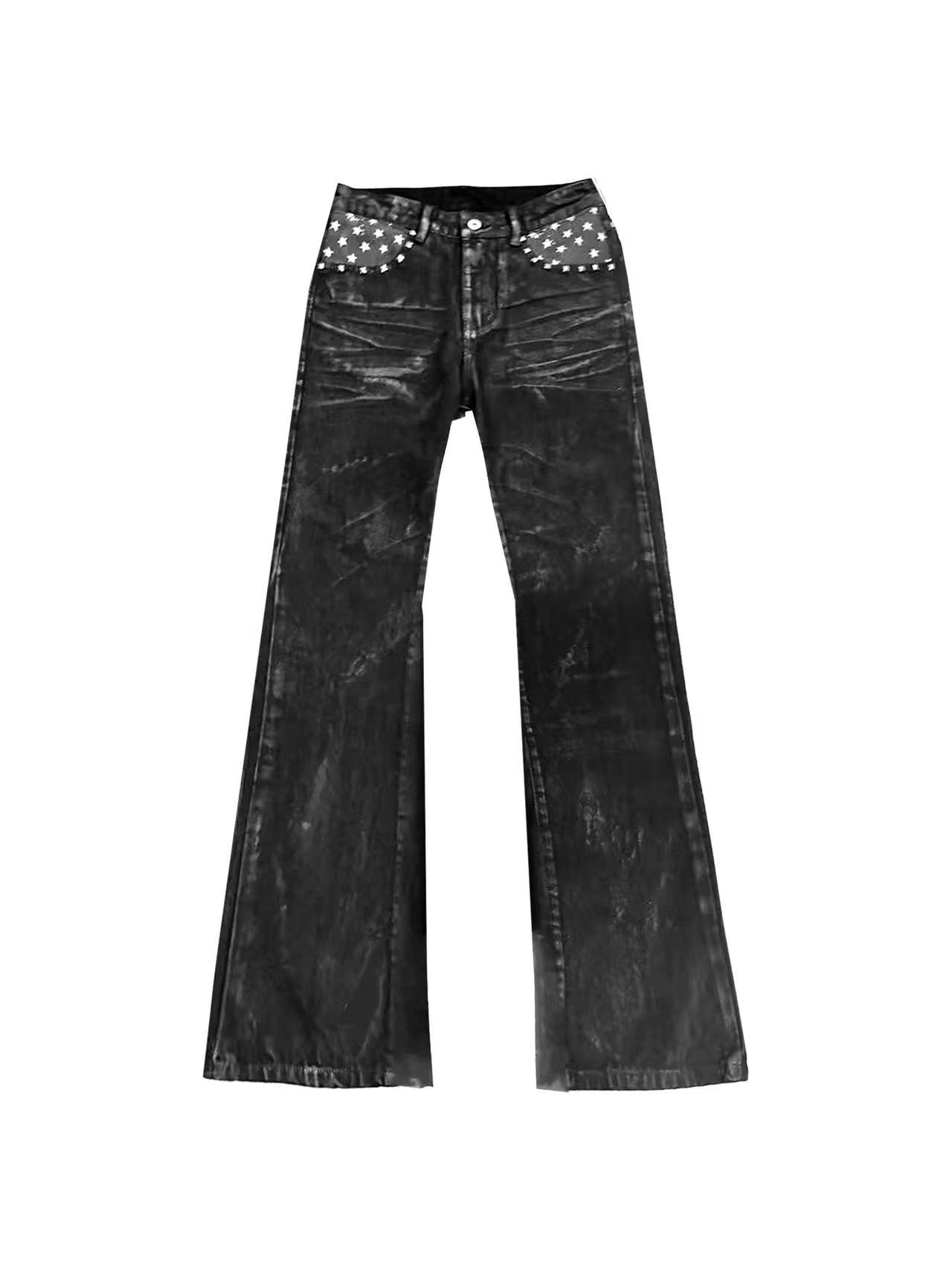 DETWONLINE™Dark Wax-Washed Star Flag Punk Flared Jeans