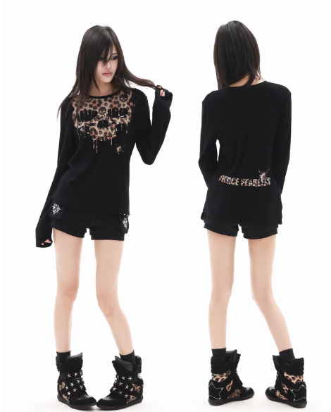 DETWONLINE™"Leopard‑Print Skull"Long‑Sleeve Tee