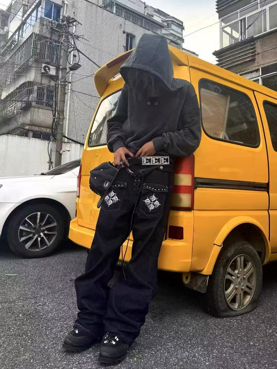 DETWONLINE Double - Waistband Drawstring Jeans