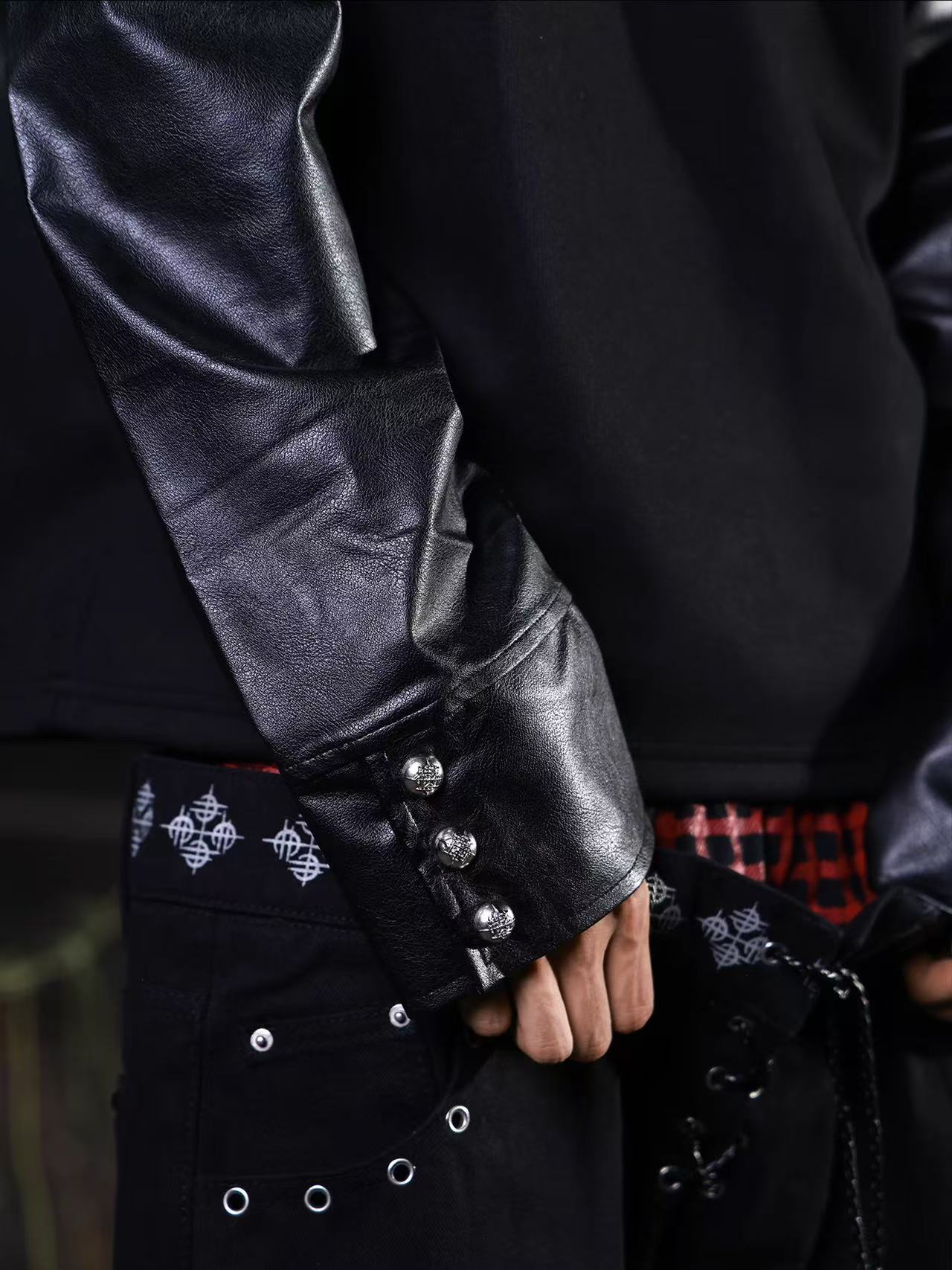 DETWONLINE™Y2K Punk Red Star Badge Leather Sleeve Oversized Polo Shirt