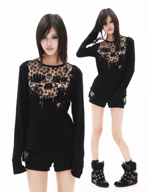 DETWONLINE™"Leopard‑Print Skull"Long‑Sleeve Tee