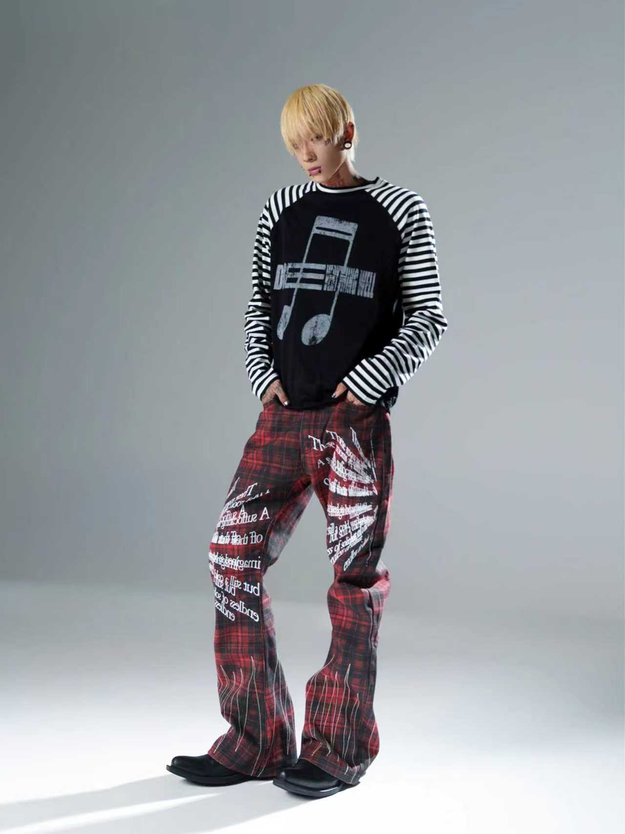 Red Plaid Embroidered Jeans