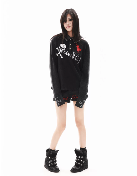 DETWONLINE™"PUNK" Skull‑War‑HorseLong‑Sleeve Polo Shirt