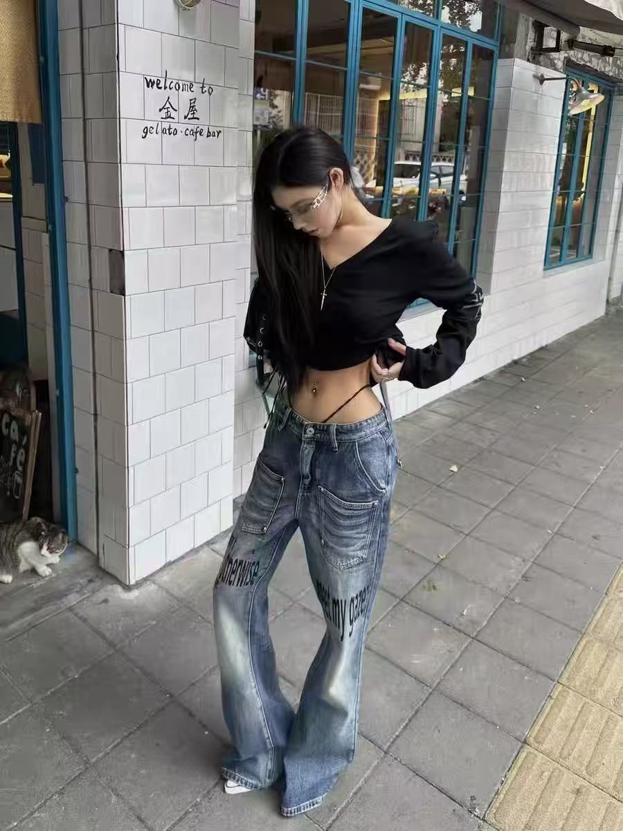 DETWONLINE Slogan Washed Blue Jeans