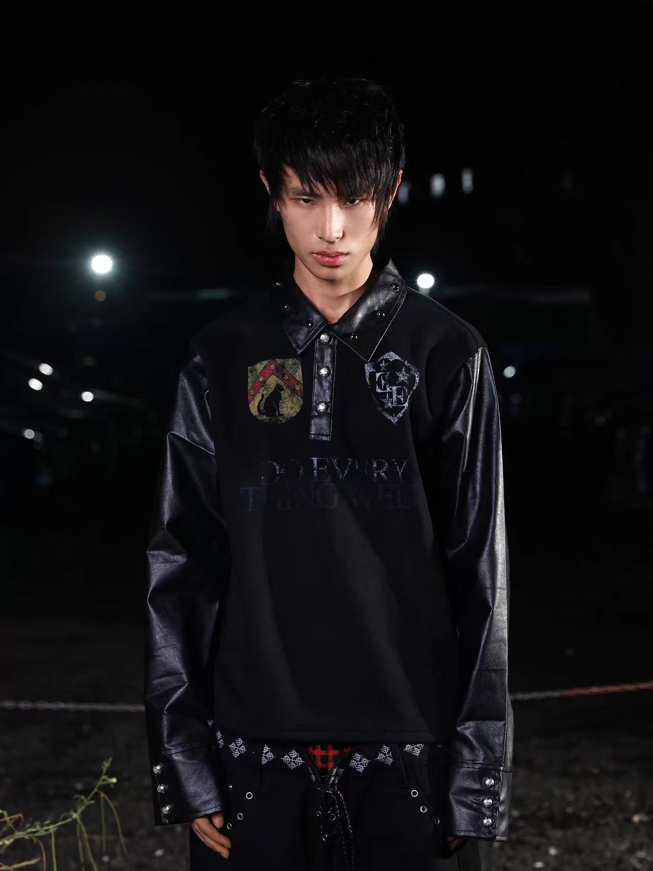 DETWONLINE™Y2K Punk Red Star Badge Leather Sleeve Oversized Polo Shirt