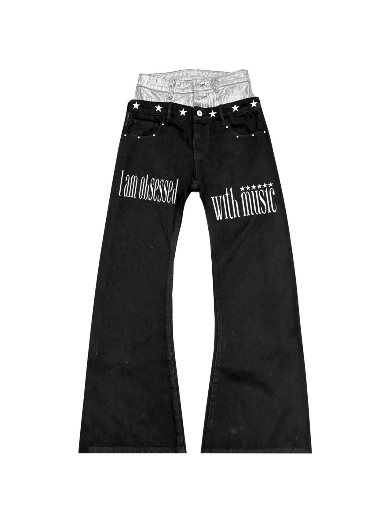 DETWONLINE™Silver-Coated Double Waistband Music Slogan Flared Jeans