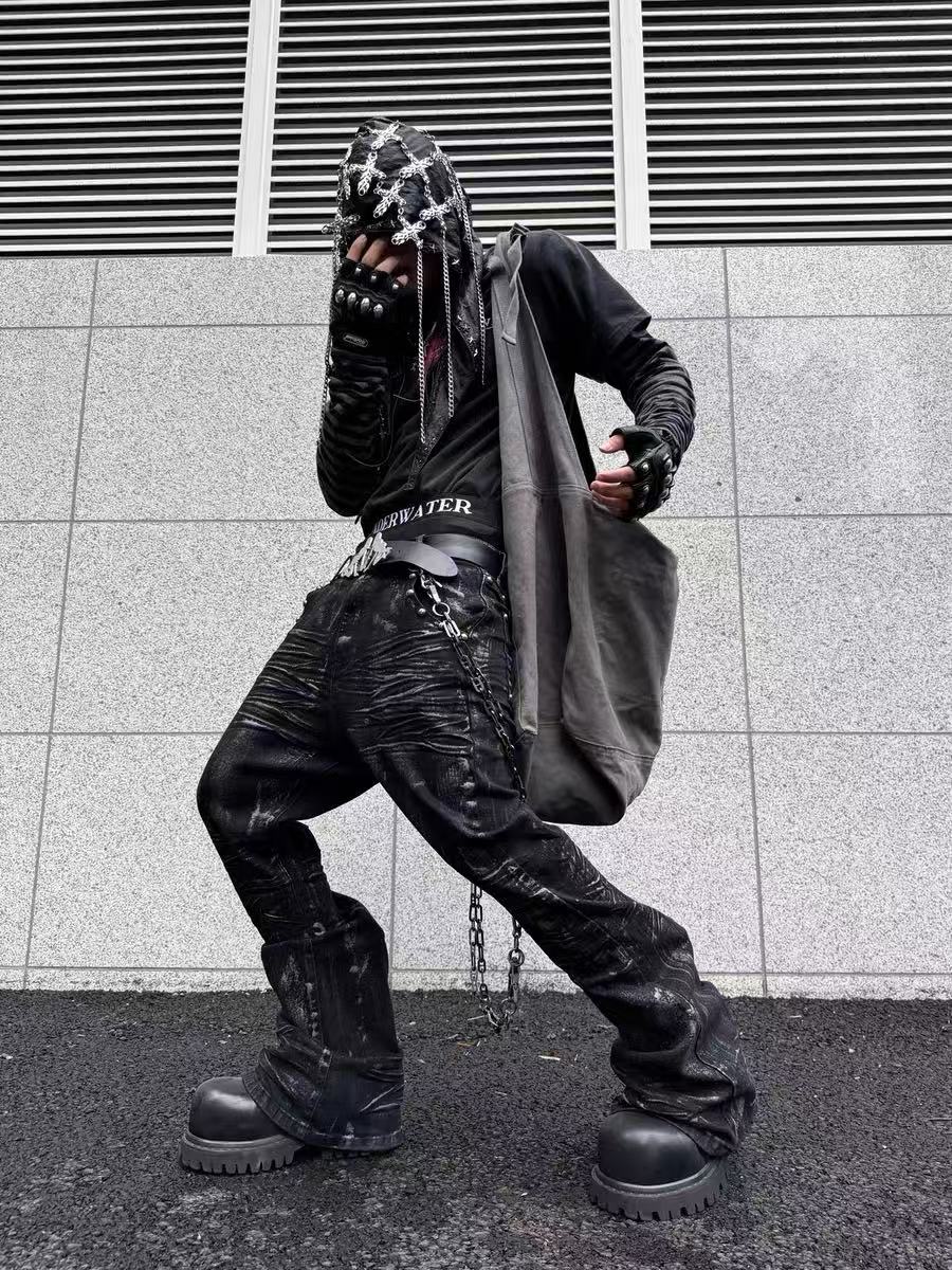 Dark Pleated Gold Foil Coated Jeans 