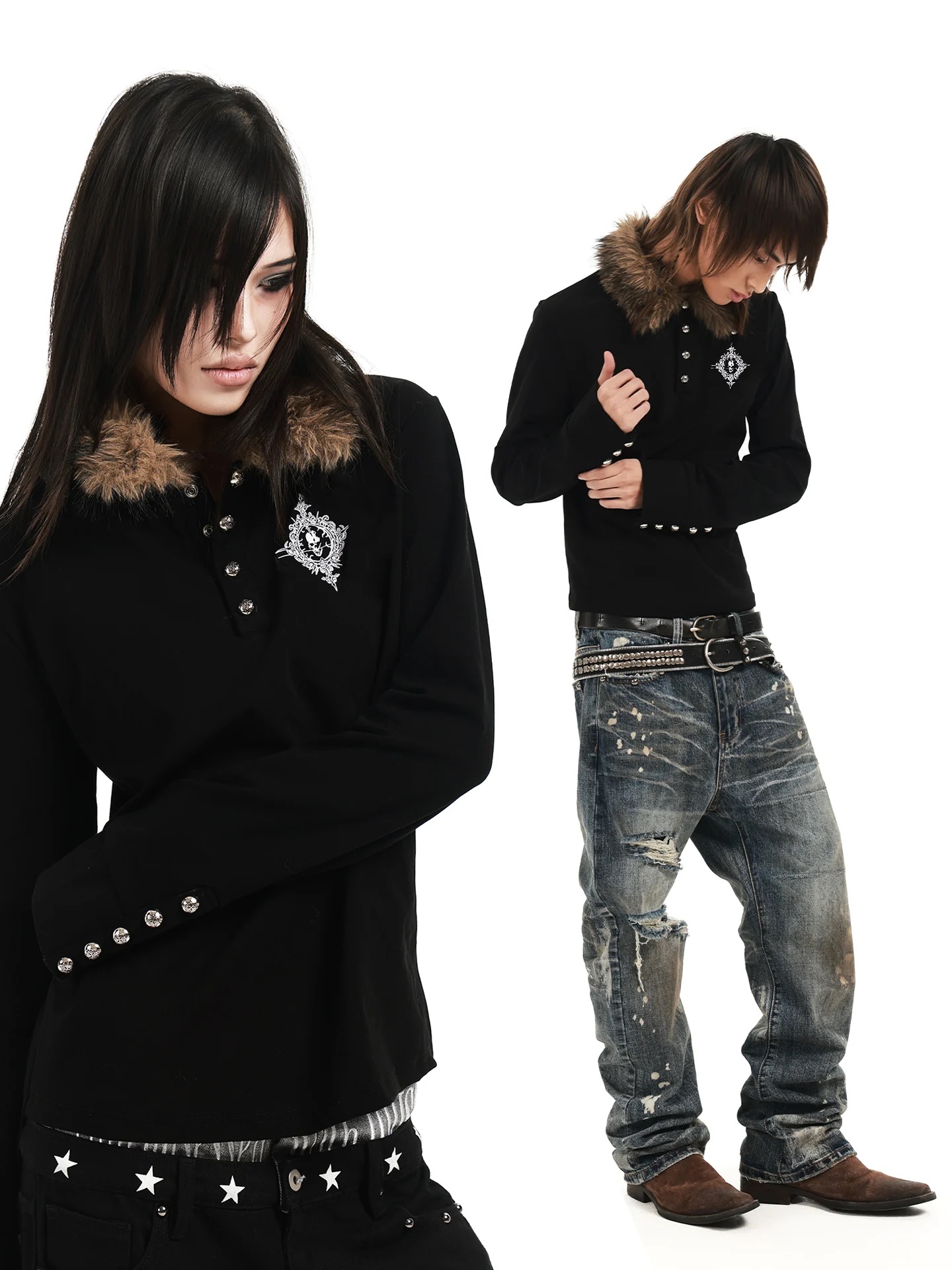 DETWONLINE™"Skull Brooch"Long‑Sleeve Polo Top