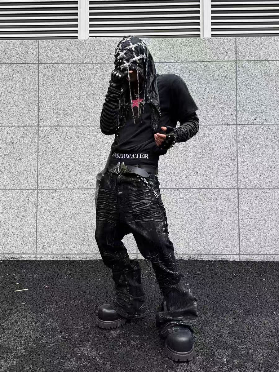 Dark Pleated Gold Foil Coated Jeans 