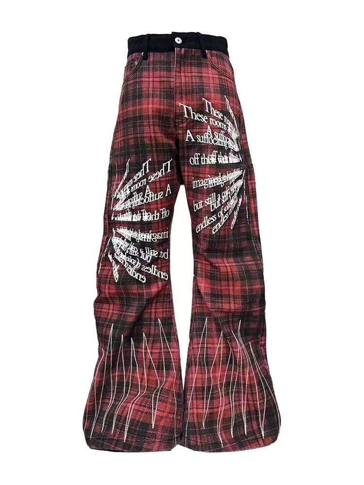 Red Plaid Embroidered Jeans