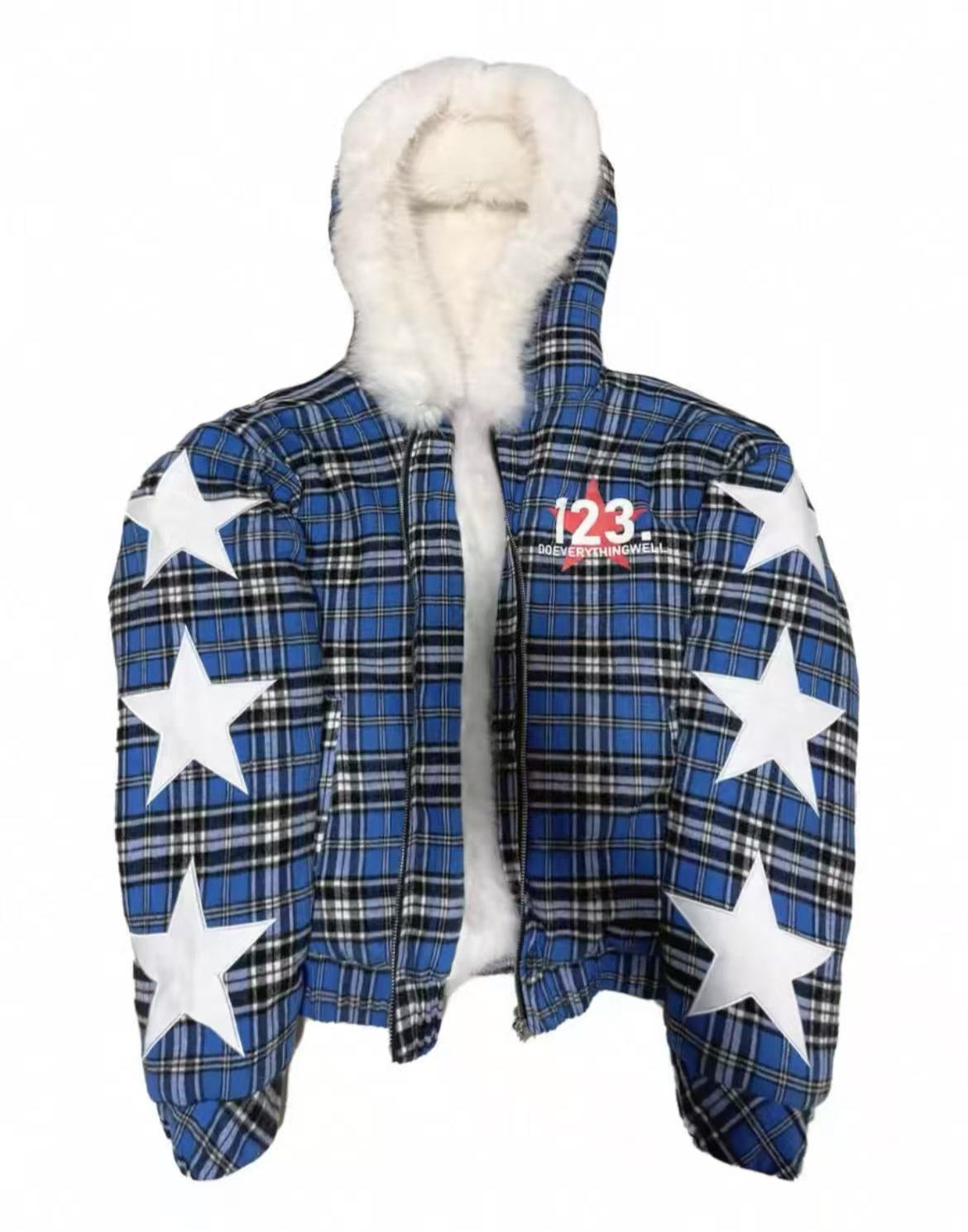 Detwonline blue checkered appliquéd Fur Coat