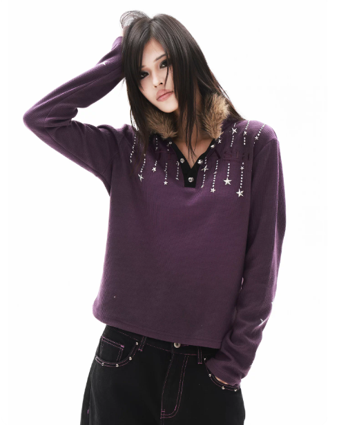 DETWONLINE™"Washed‑Dip‑Dyed Purple"Long‑Sleeve Polo Shirt