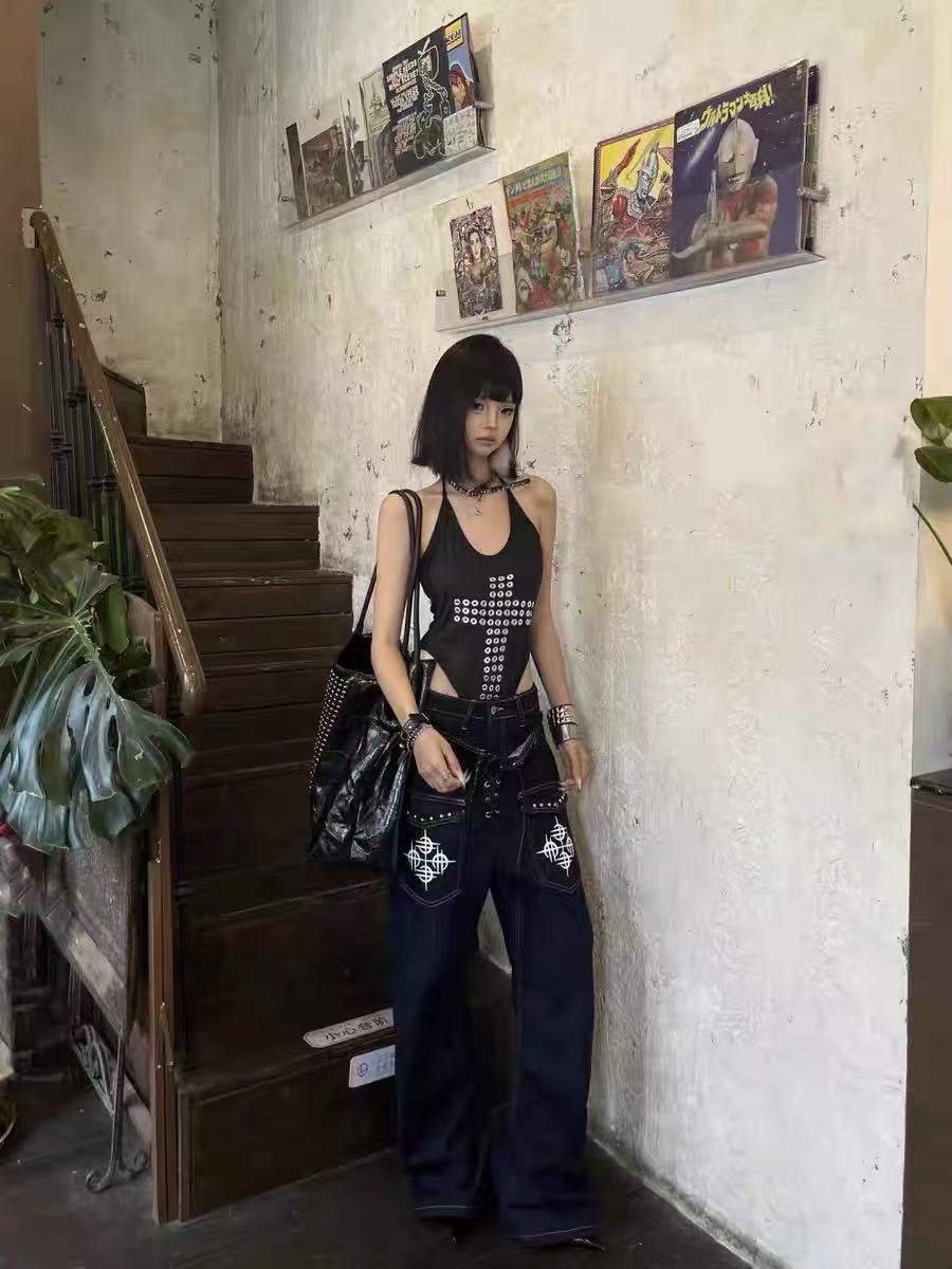 DETWONLINE Double - Waistband Drawstring Jeans