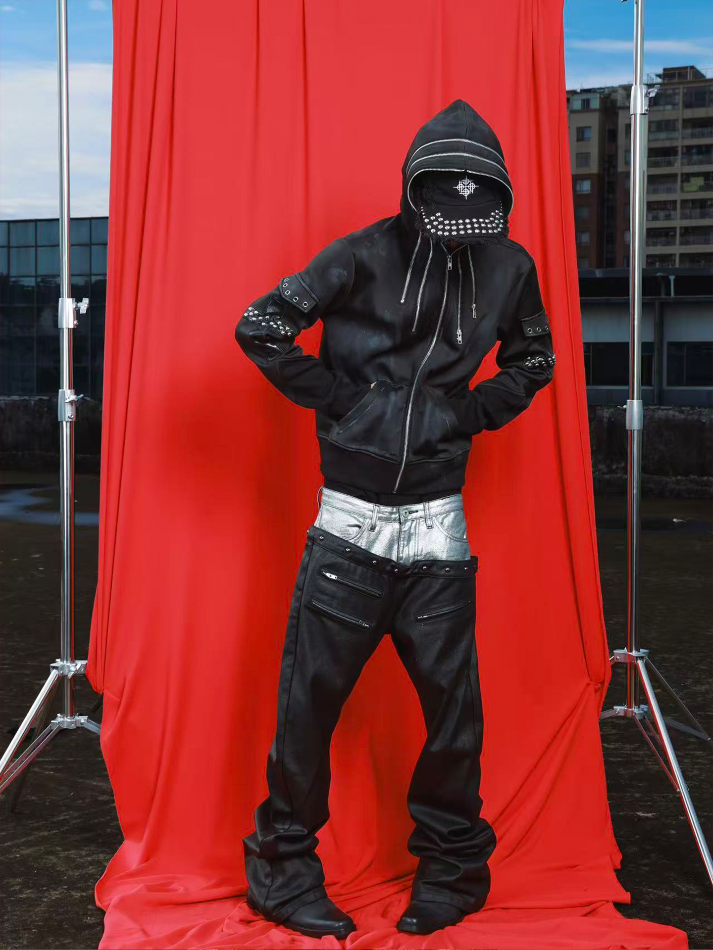 DETWONLINE™Creative Styling Multi-Zipper Decor Washed Distressed Faux Leather Rivet Street Hooded Jacket