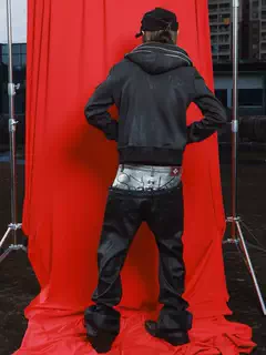 DETWONLINE™Creative Styling Multi-Zipper Decor Washed Distressed Faux Leather Rivet Street Hooded Jacket