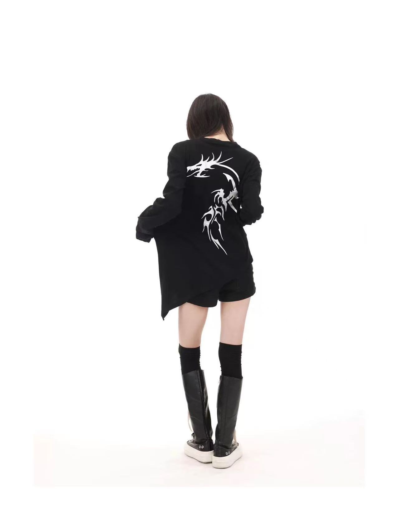 DETWONLINE™Y2K Dark Punk Metallic Dragon Print Asymmetric Henley Top