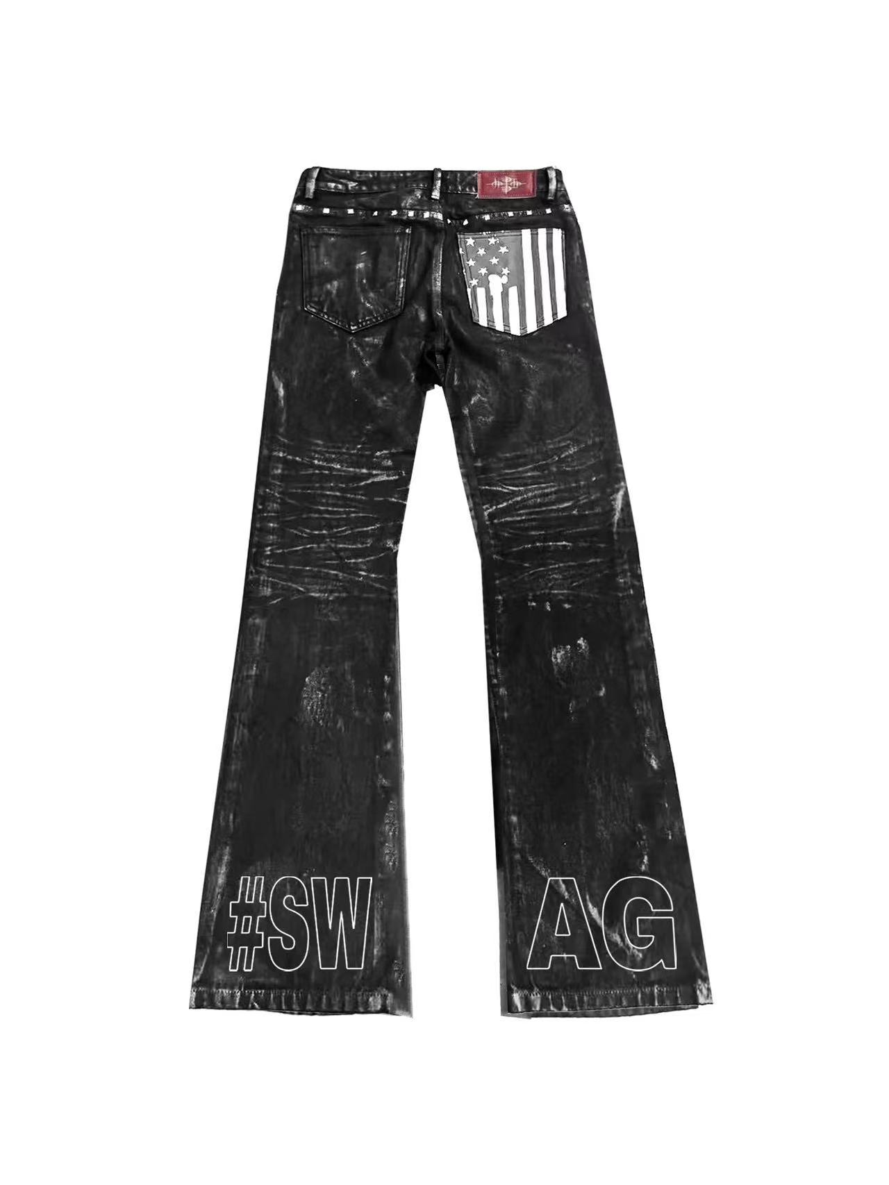 DETWONLINE™Dark Wax-Washed Star Flag Punk Flared Jeans