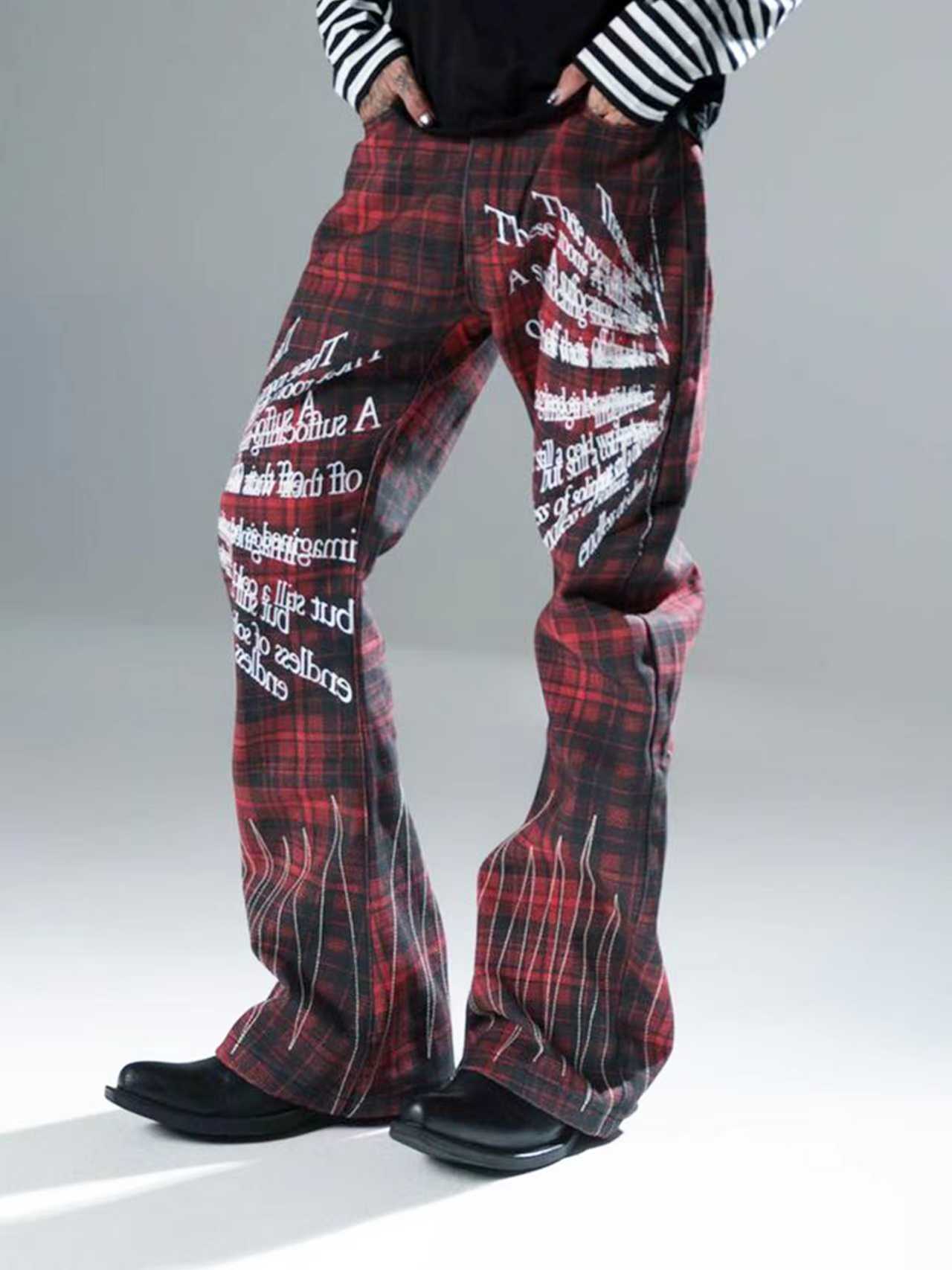 Red Plaid Embroidered Jeans