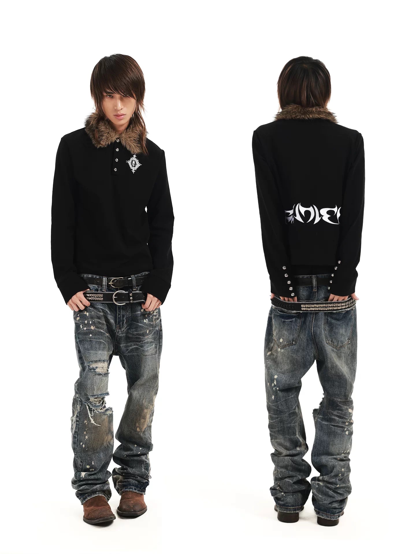DETWONLINE™"Skull Brooch"Long‑Sleeve Polo Top