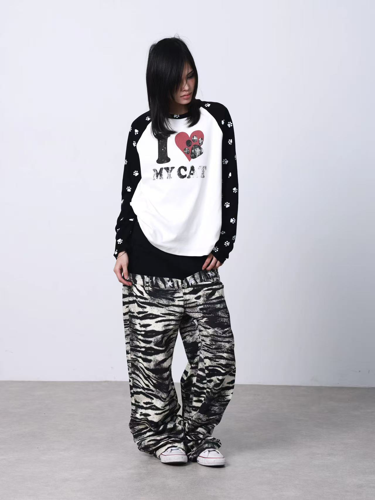 DETWONLINE™Double waist tiger-striped jeans