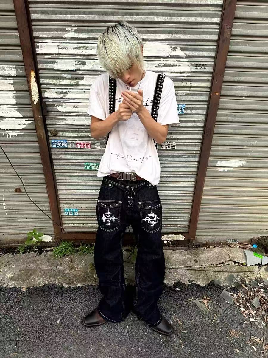 DETWONLINE Double - Waistband Drawstring Jeans