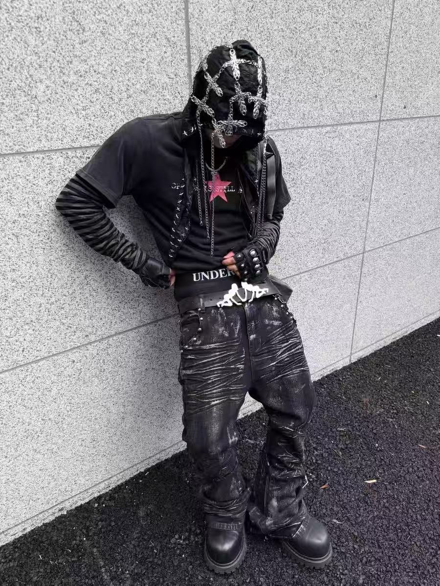 Dark Pleated Gold Foil Coated Jeans 