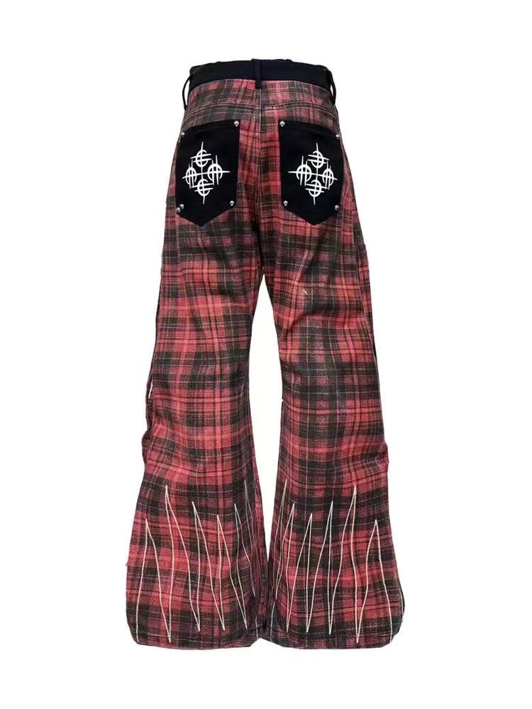 Red Plaid Embroidered Jeans