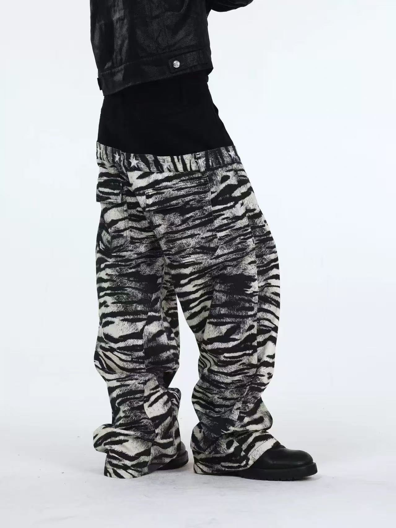 DETWONLINE™Double waist tiger-striped jeans