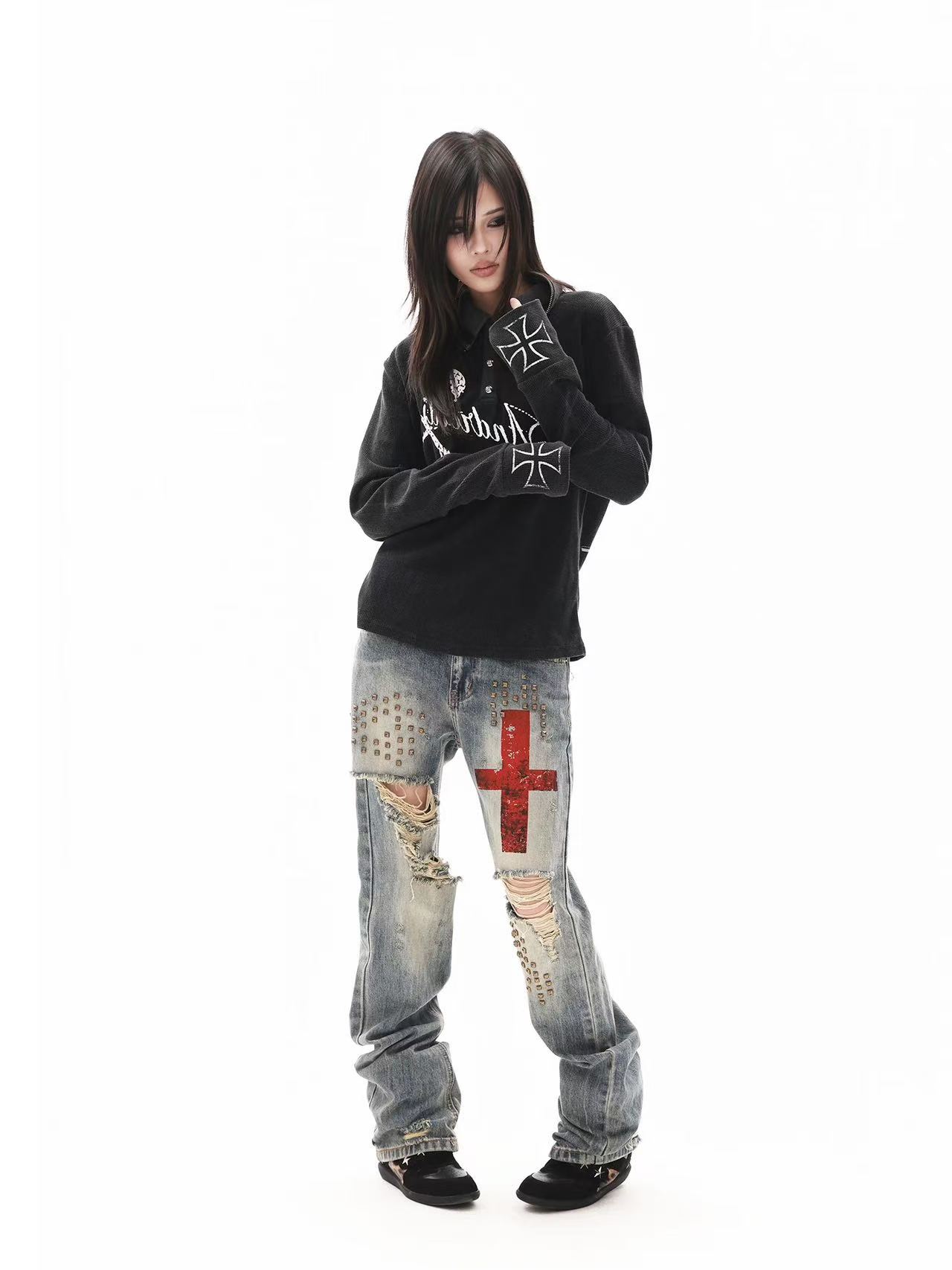 DETWONLINE™"PUNK" Skull‑War‑HorseLong‑Sleeve Polo Shirt