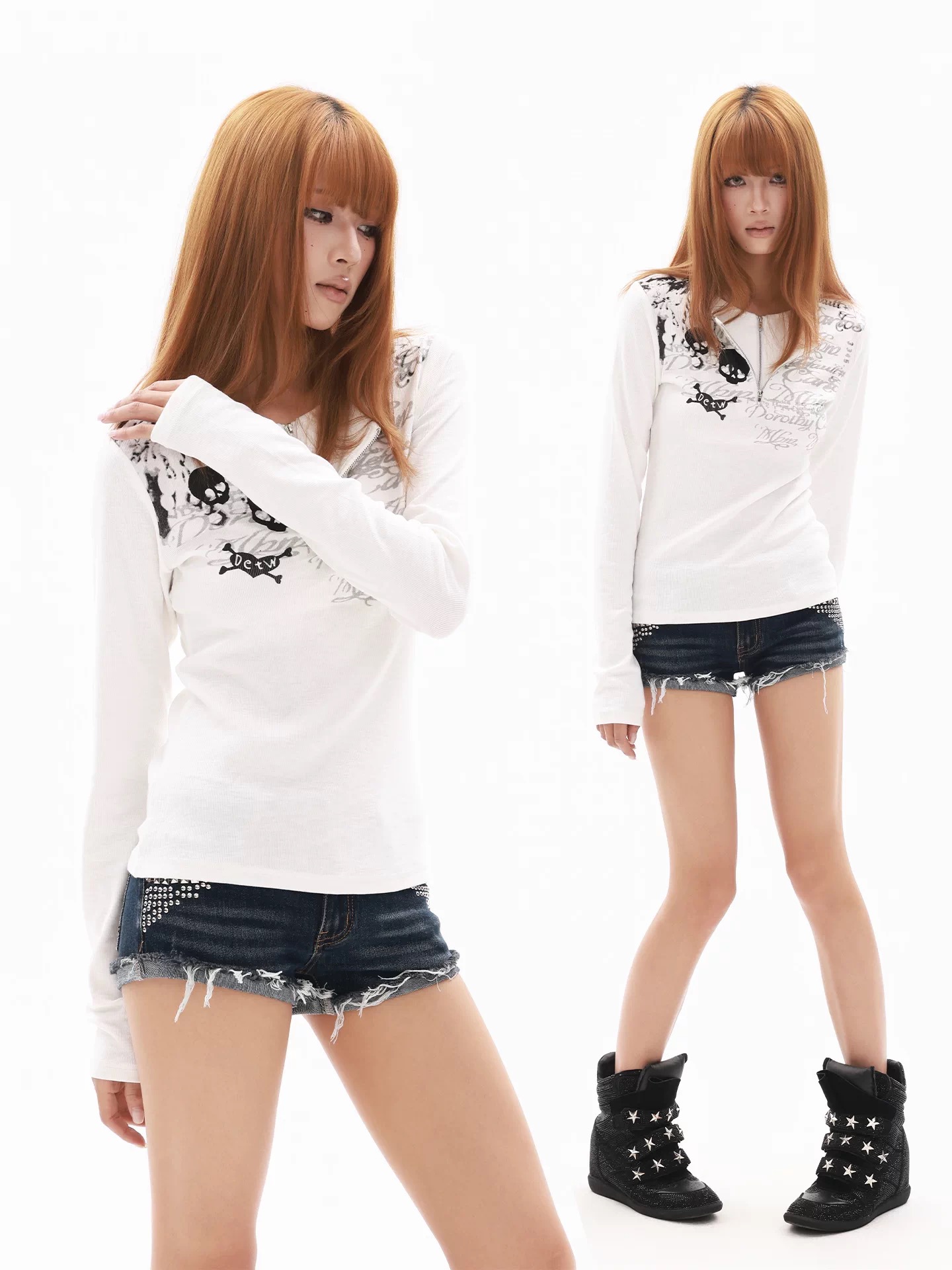 DETWONLINE™"Heart‑Skull"Fitted Long‑Sleeve Tee
