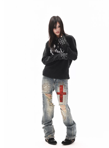 DETWONLINE™"PUNK" Skull‑War‑HorseLong‑Sleeve Polo Shirt