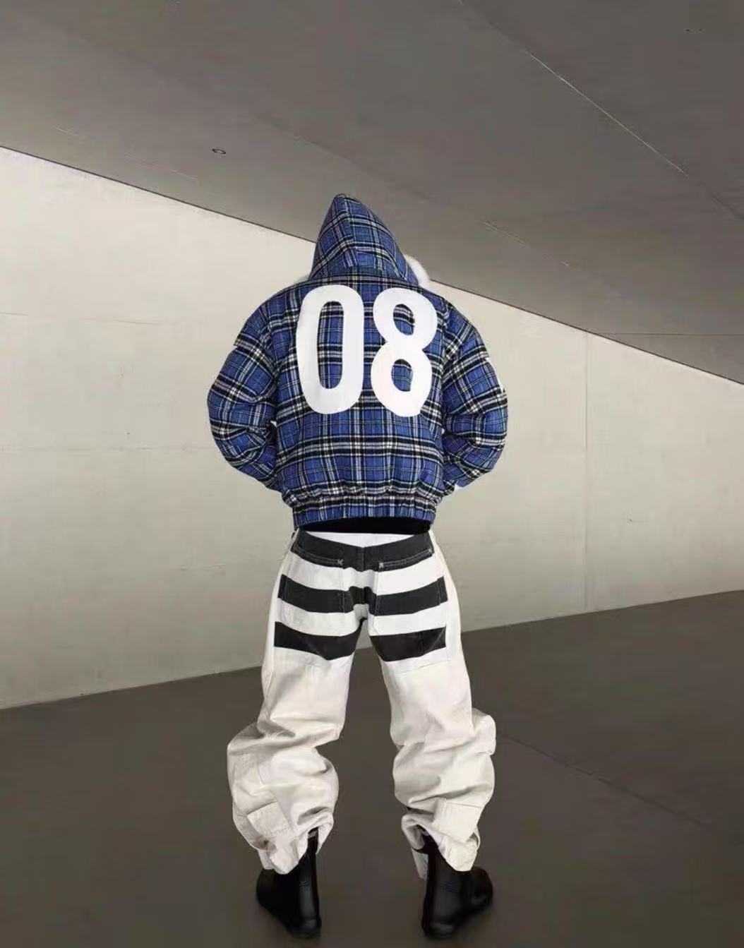 Detwonline blue checkered appliquéd Fur Coat