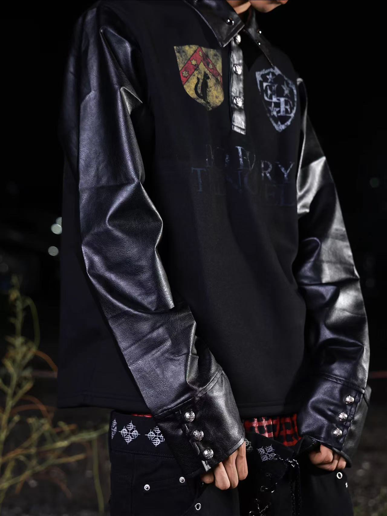 DETWONLINE™Y2K Punk Red Star Badge Leather Sleeve Oversized Polo Shirt