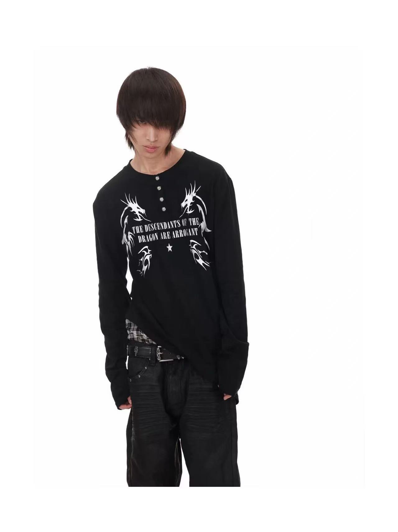 DETWONLINE™Y2K Dark Punk Metallic Dragon Print Asymmetric Henley Top