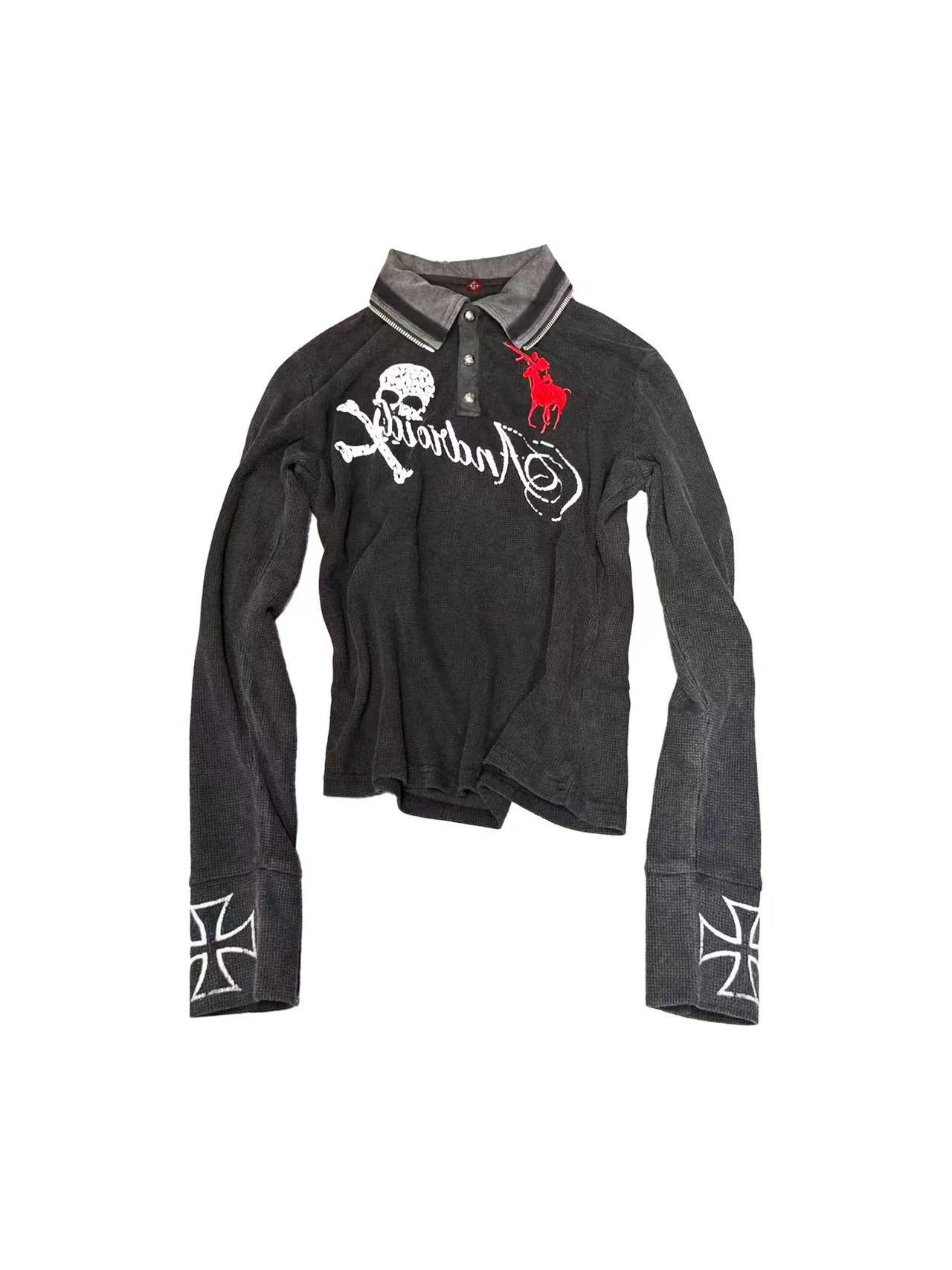 DETWONLINE™"PUNK" Skull‑War‑HorseLong‑Sleeve Polo Shirt