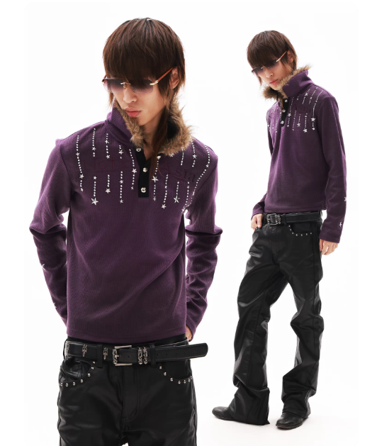 DETWONLINE™"Washed‑Dip‑Dyed Purple"Long‑Sleeve Polo Shirt