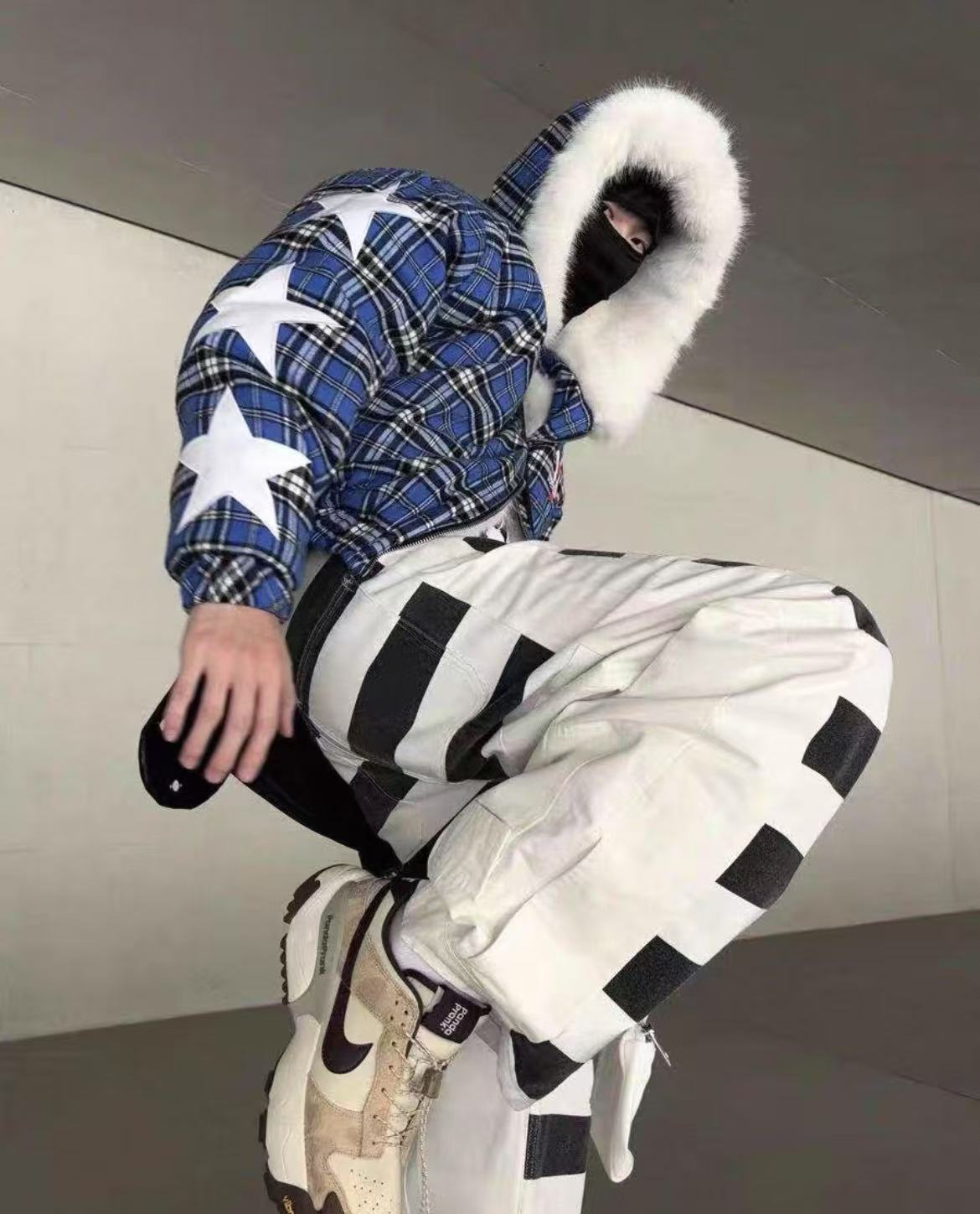 Detwonline blue checkered appliquéd Fur Coat